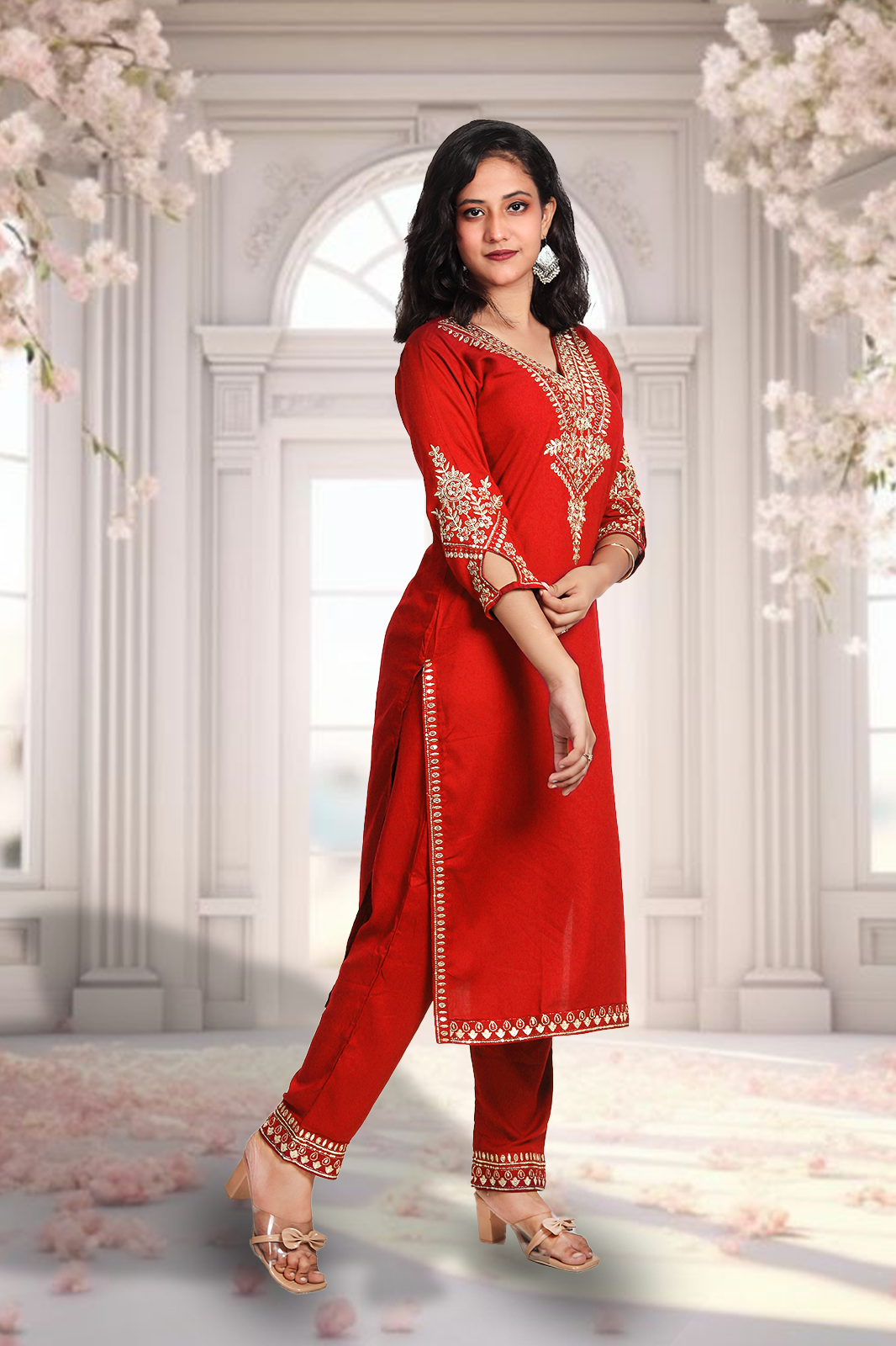 Women's Rose Gold Zari with Sequins Embroidered Kurta, Pant & Dupatta Set